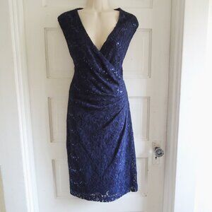 Lauren Ralph Lauren Blue Floral Lace & Sequins Ruched Midi Dress 12